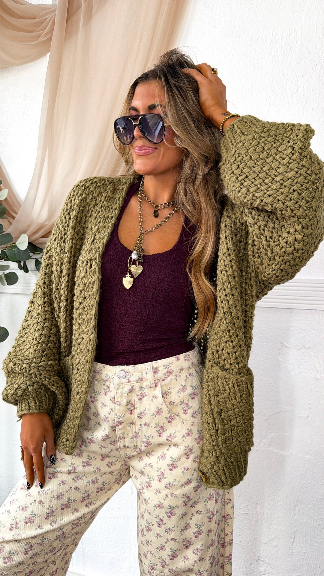 Slouchy Knit Button Cardigan, Olive
