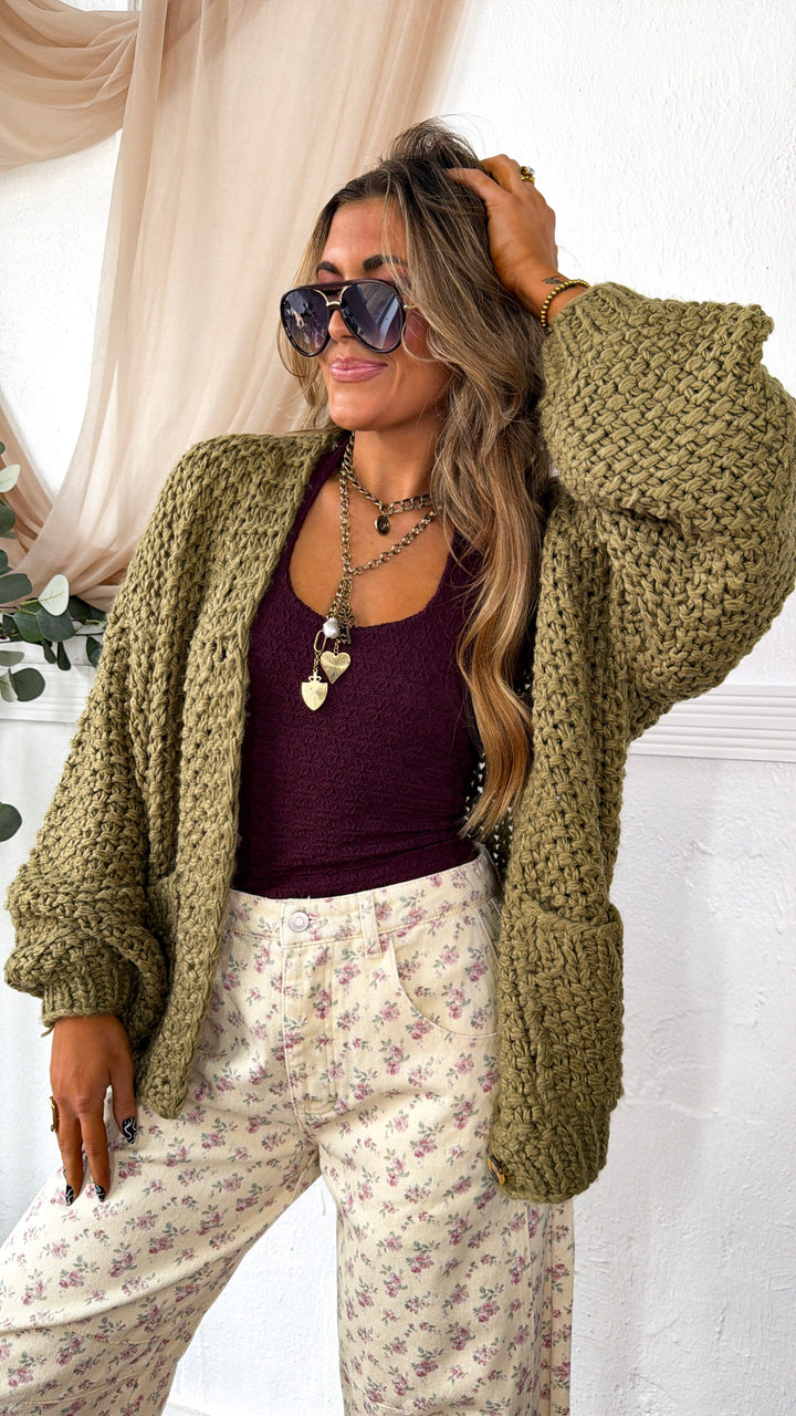 Slouchy Knit Button Cardigan, Olive