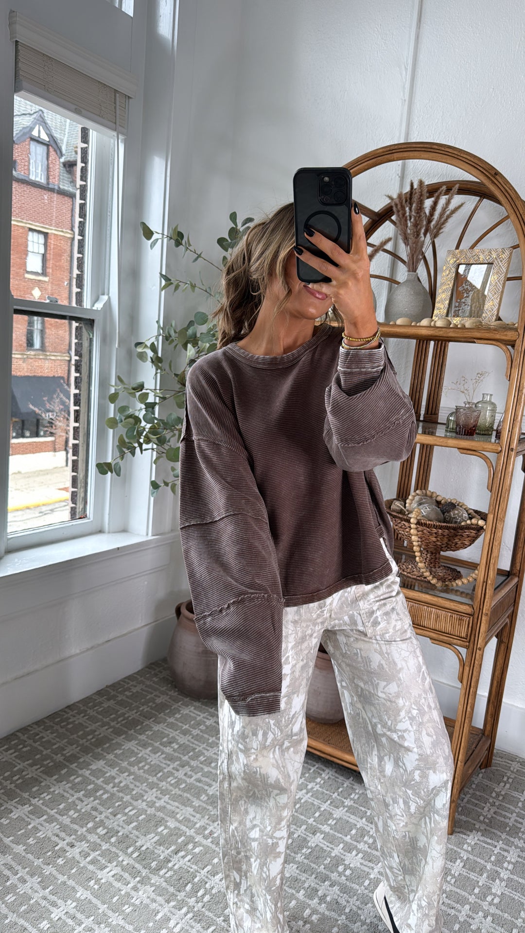 DOORBUSTER: Acid Washed Ribbed Cropped Pullover, Brown