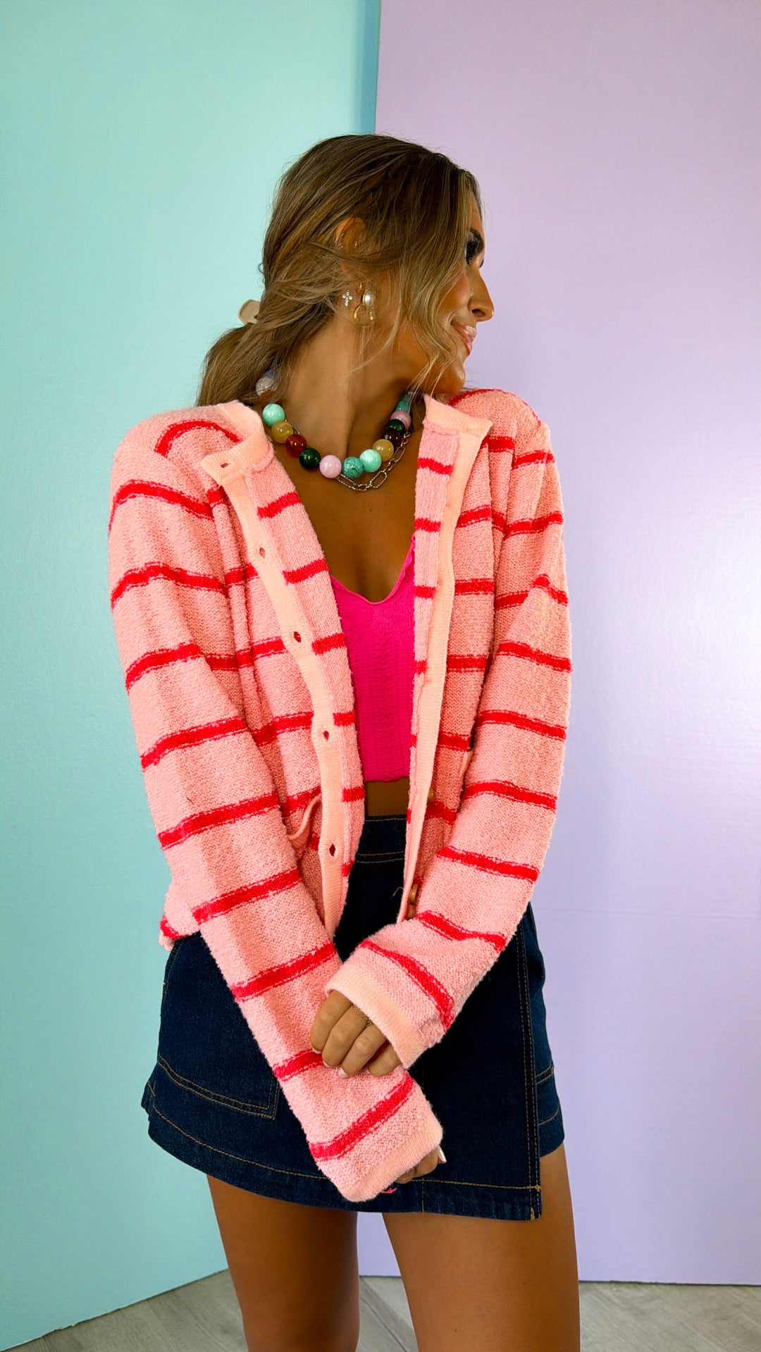 Perfect Layer Stripe Cardigan, Pink/Coral