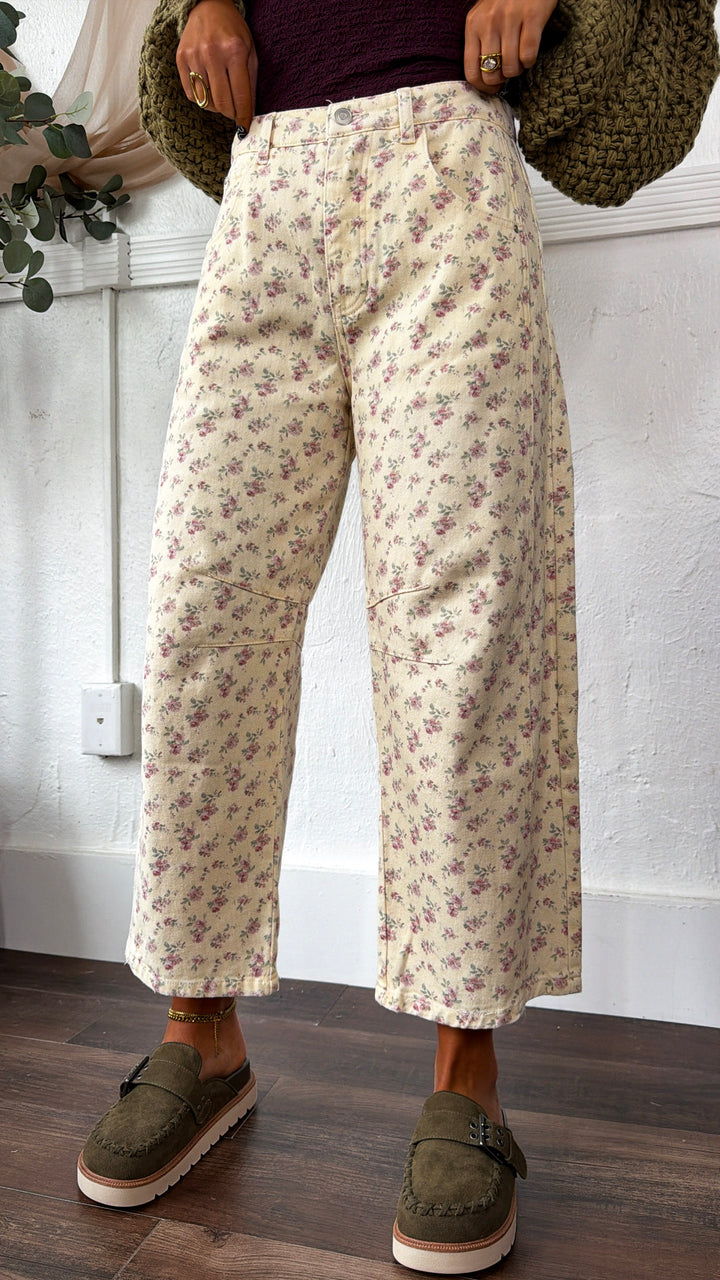 Everyday Color Denim Barrel Pant, Cream Ditsy Maroon