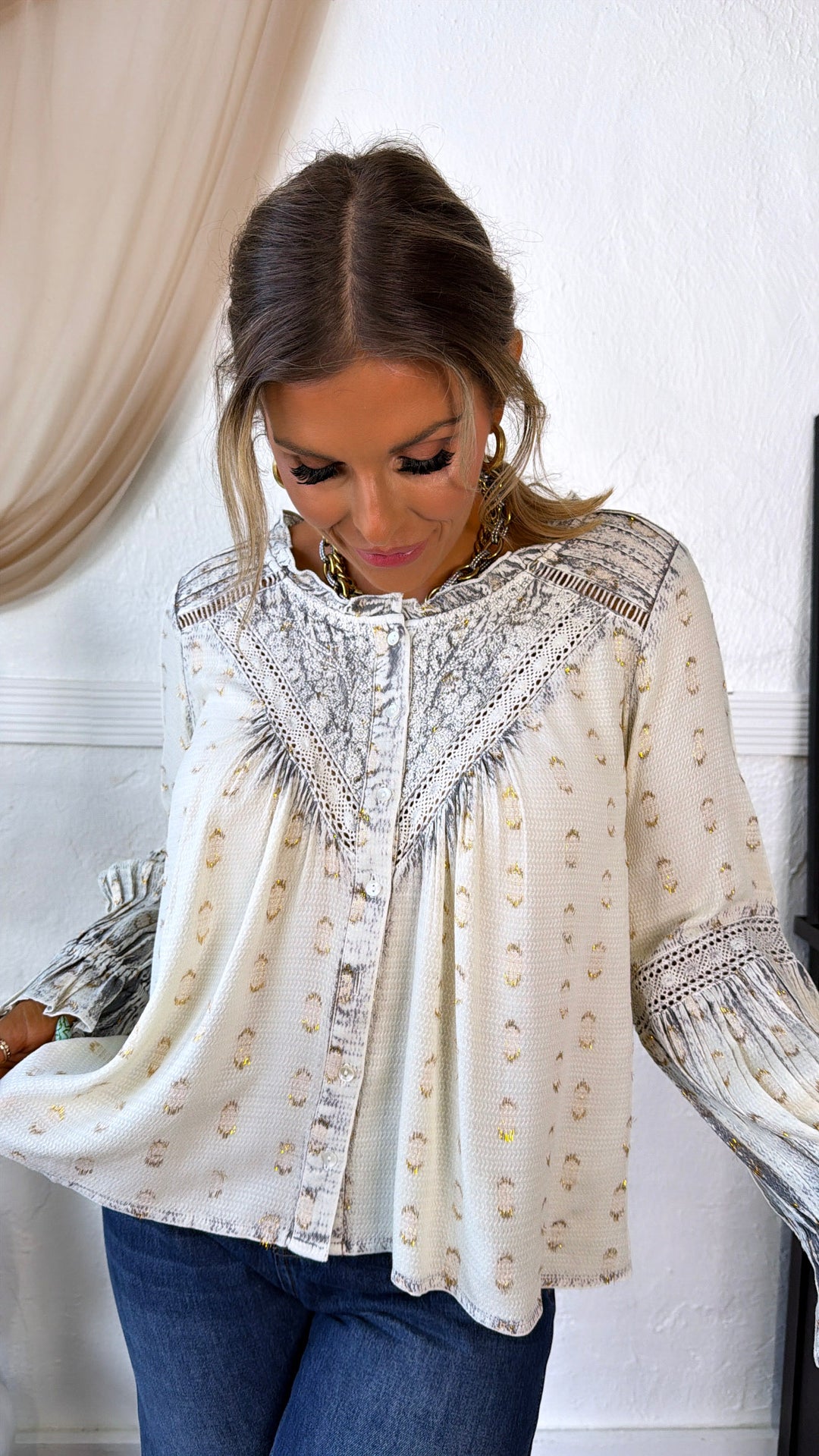 Mixed Pattern Blouse, Natural Multi