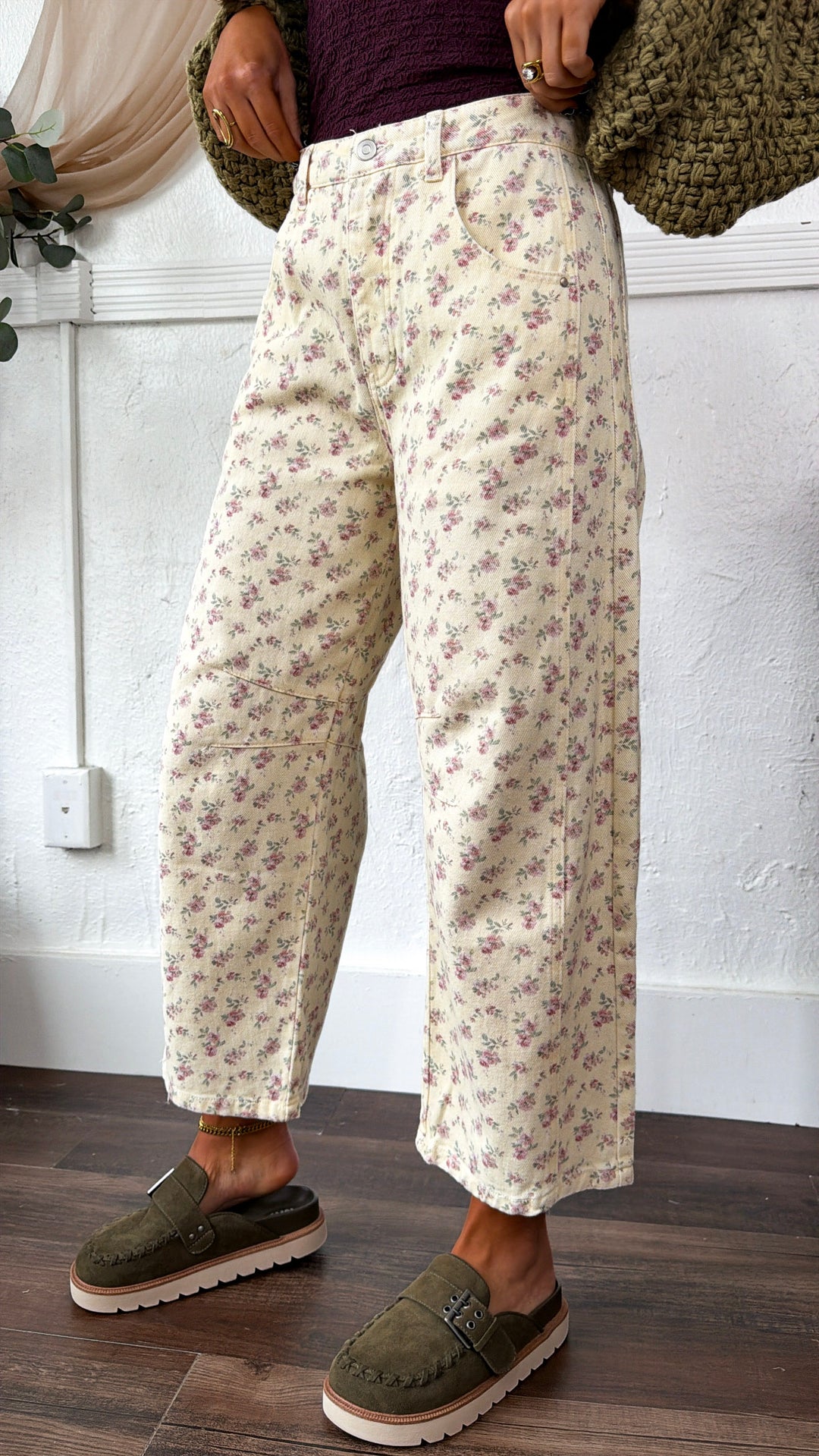 Everyday Color Denim Barrel Pant, Cream Ditsy Maroon