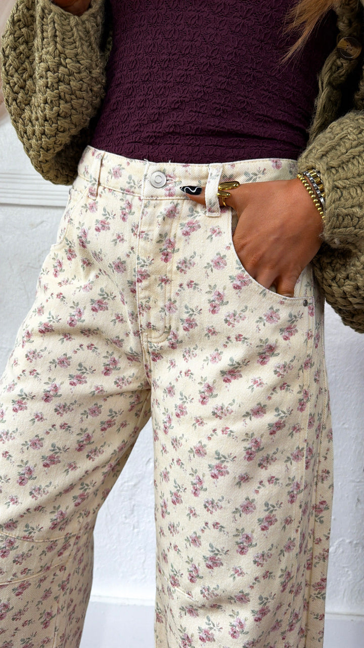 Everyday Color Denim Barrel Pant, Cream Ditsy Maroon