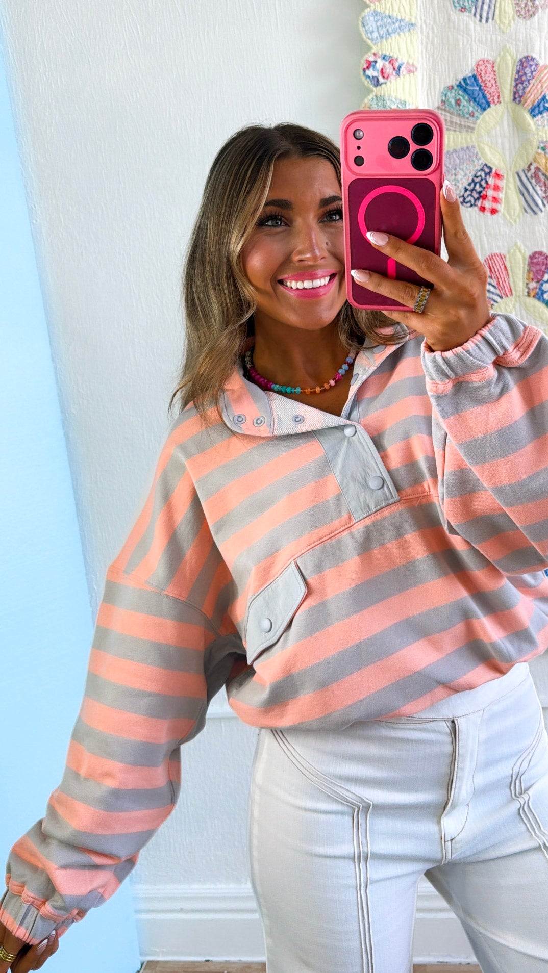 Petal Pop Striped Top, Grey/Salmon