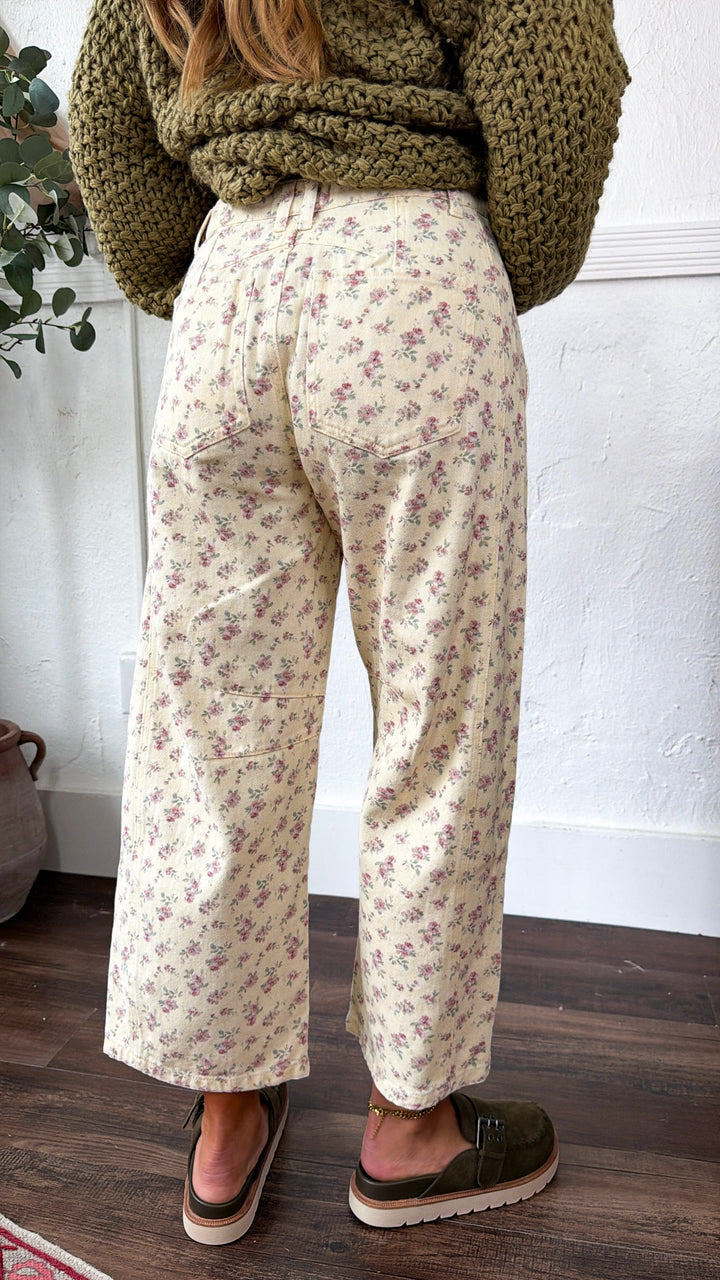 Everyday Color Denim Barrel Pant, Cream Ditsy Maroon