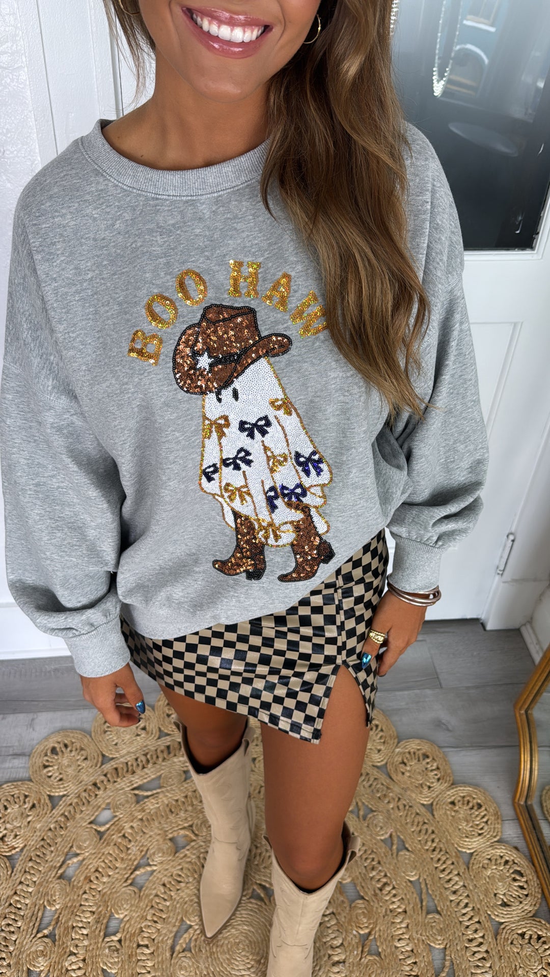 Spooky Season Boohaw Sequin Sweatshirt, Grey