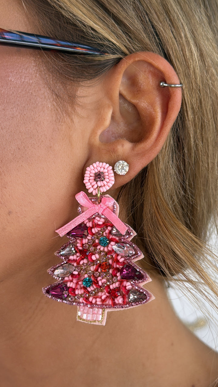 Beaded Christmas Tree Earring, Pink
