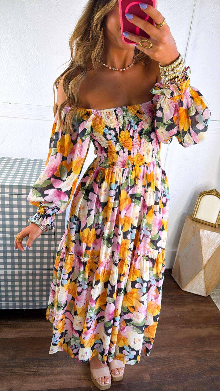 Havana Bloom Smocked Dress, Black Multi