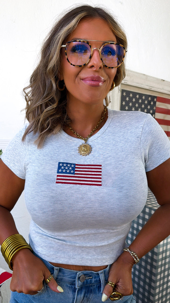 Sparklers & Stars Cropped Baby Tee, H. Grey