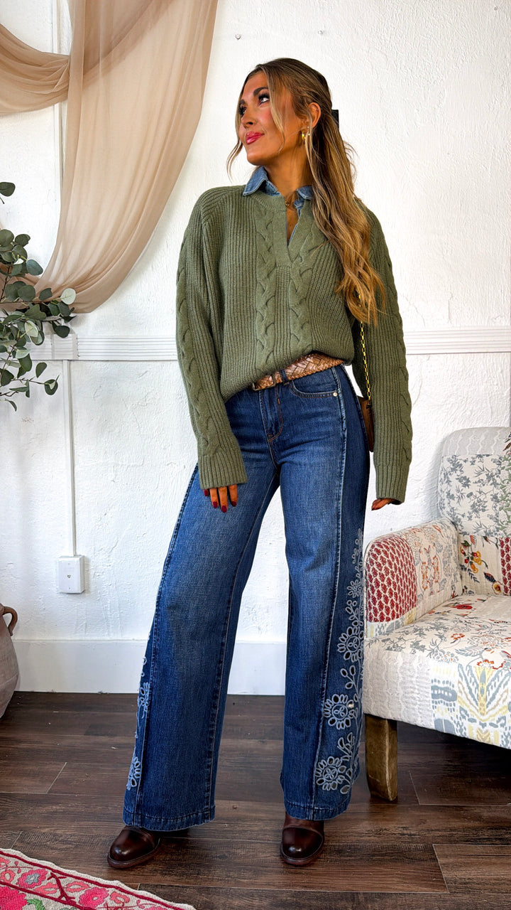 Denim Lined Sweater, Olive