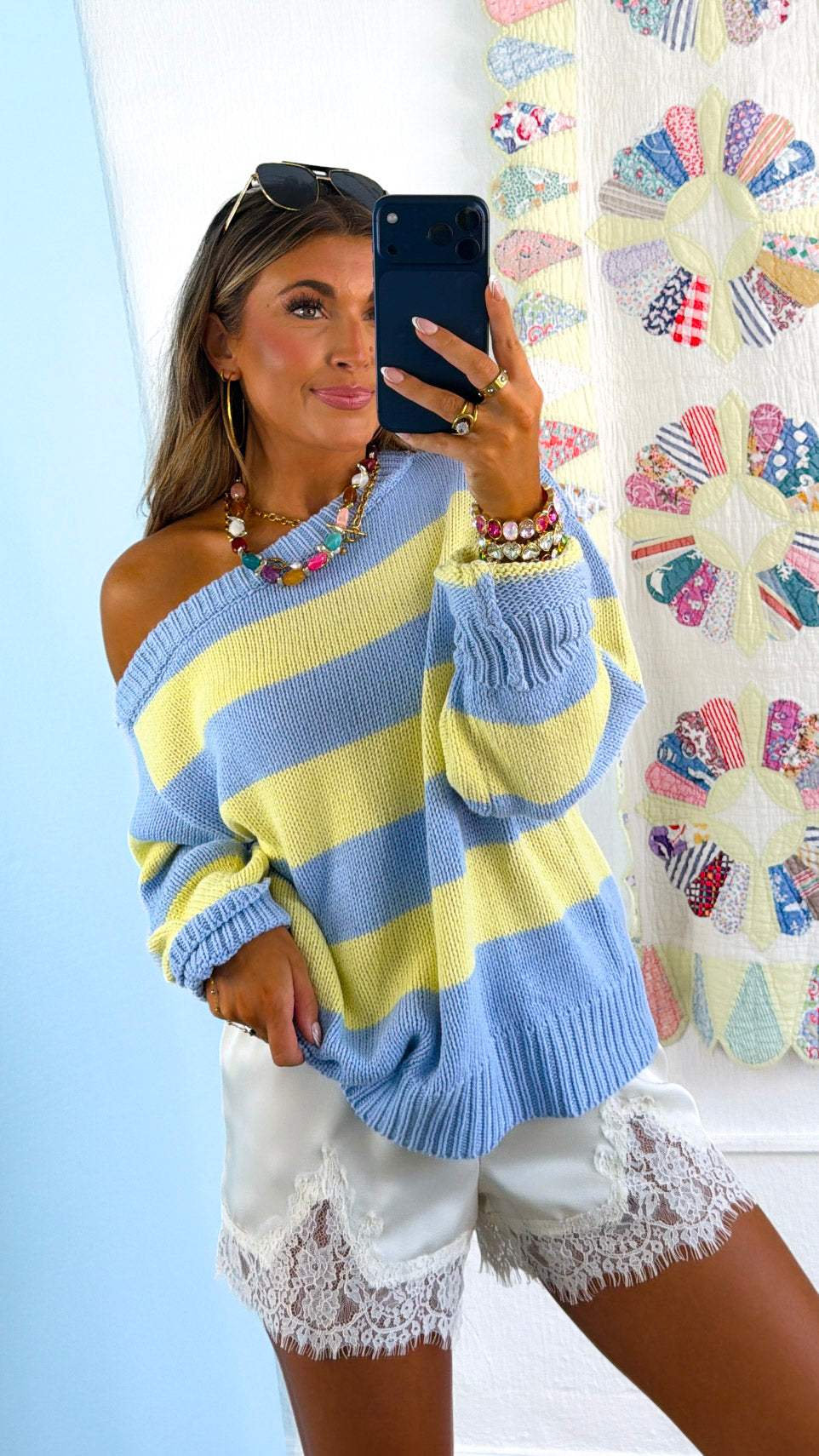 Stripe Off The Shoulder Sweater, Sky/Lemon