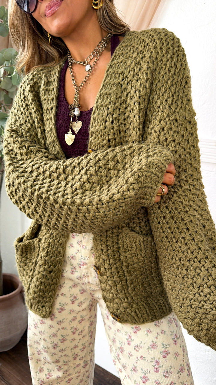 Slouchy Knit Button Cardigan, Olive