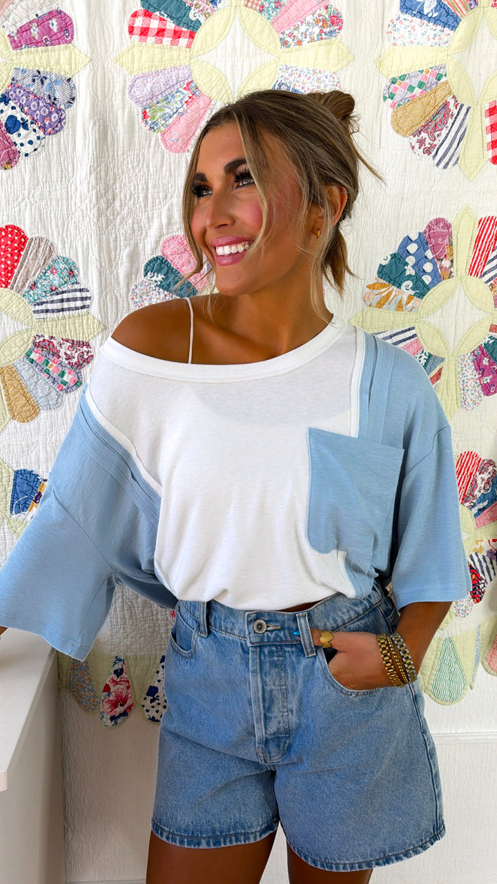 Hailee Pocket Tee, Sky Blue Multi
