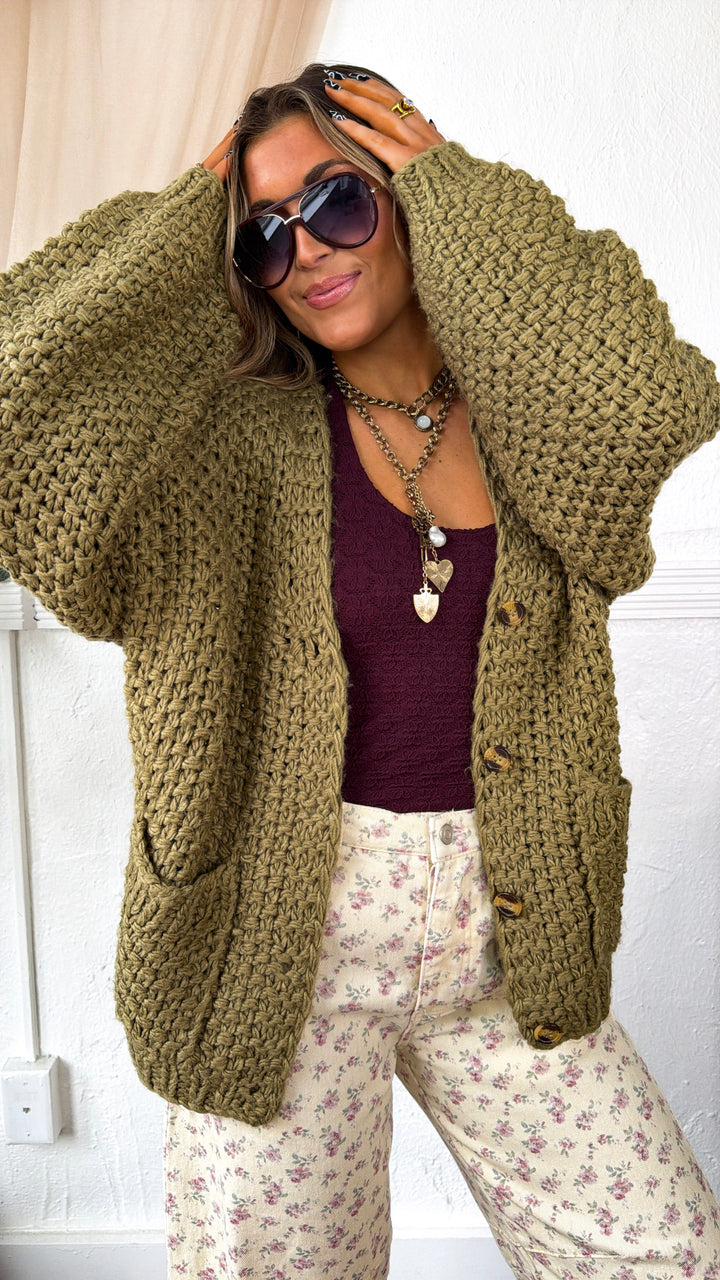 Slouchy Knit Button Cardigan, Olive