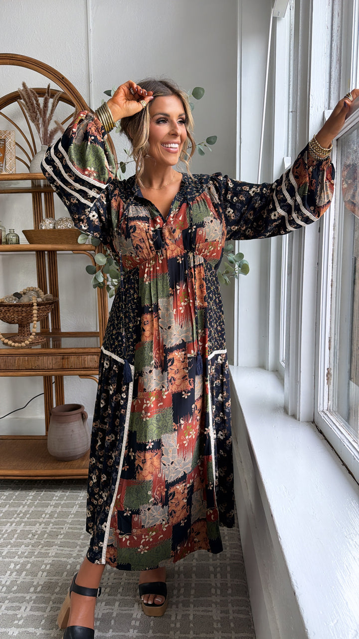 Amber Patch Midi Dress, Navy Multi