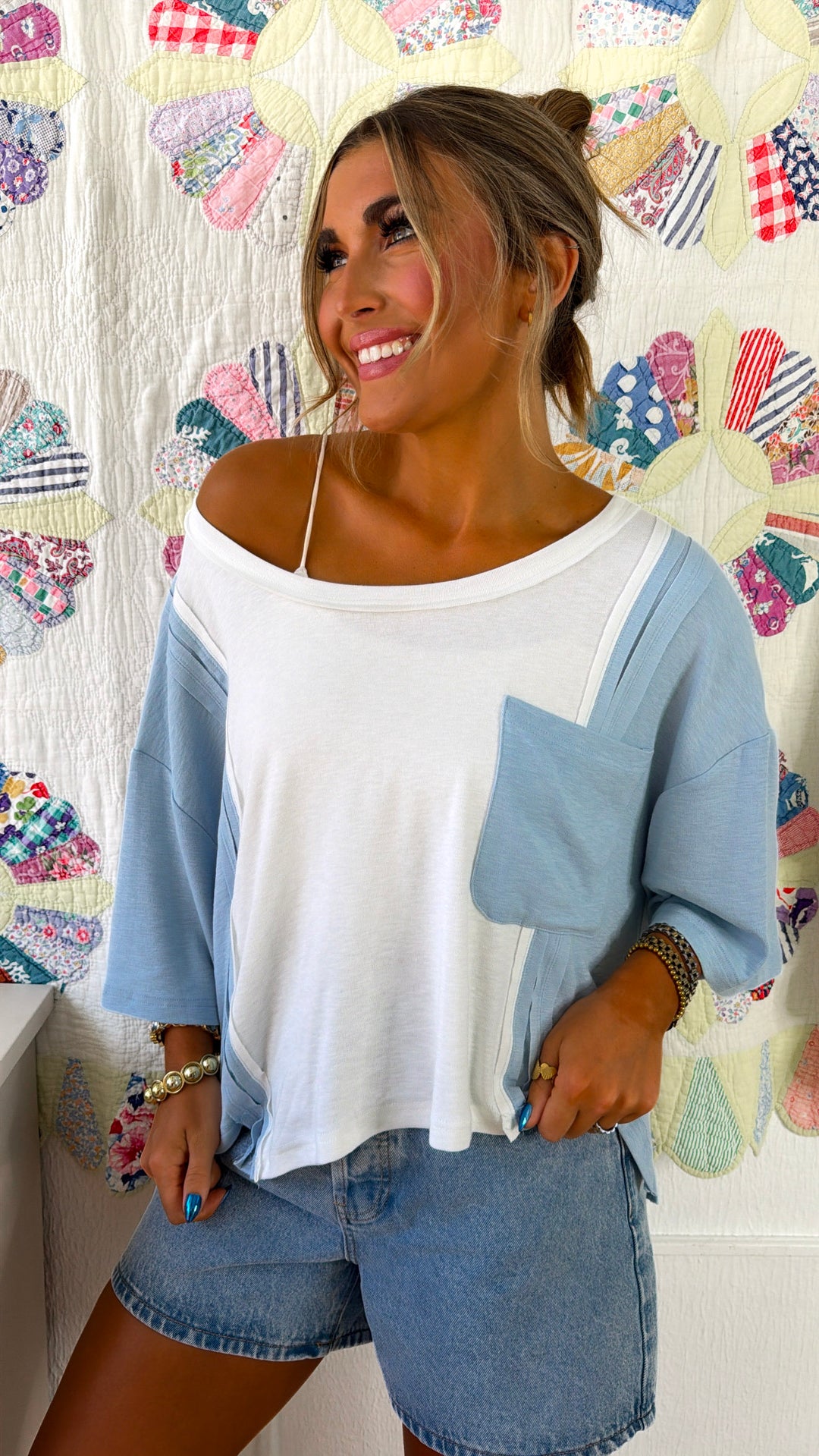 Hailee Pocket Tee, Sky Blue Multi