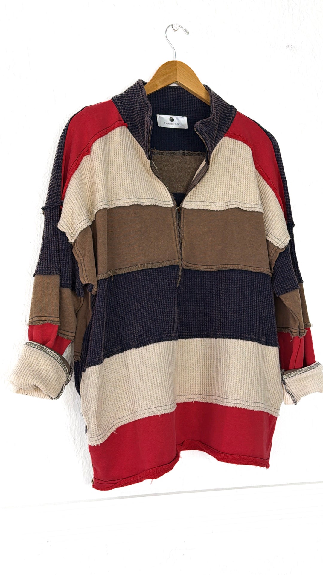 Washed Pullover Zip Up Collar Sweater, Navy Combo