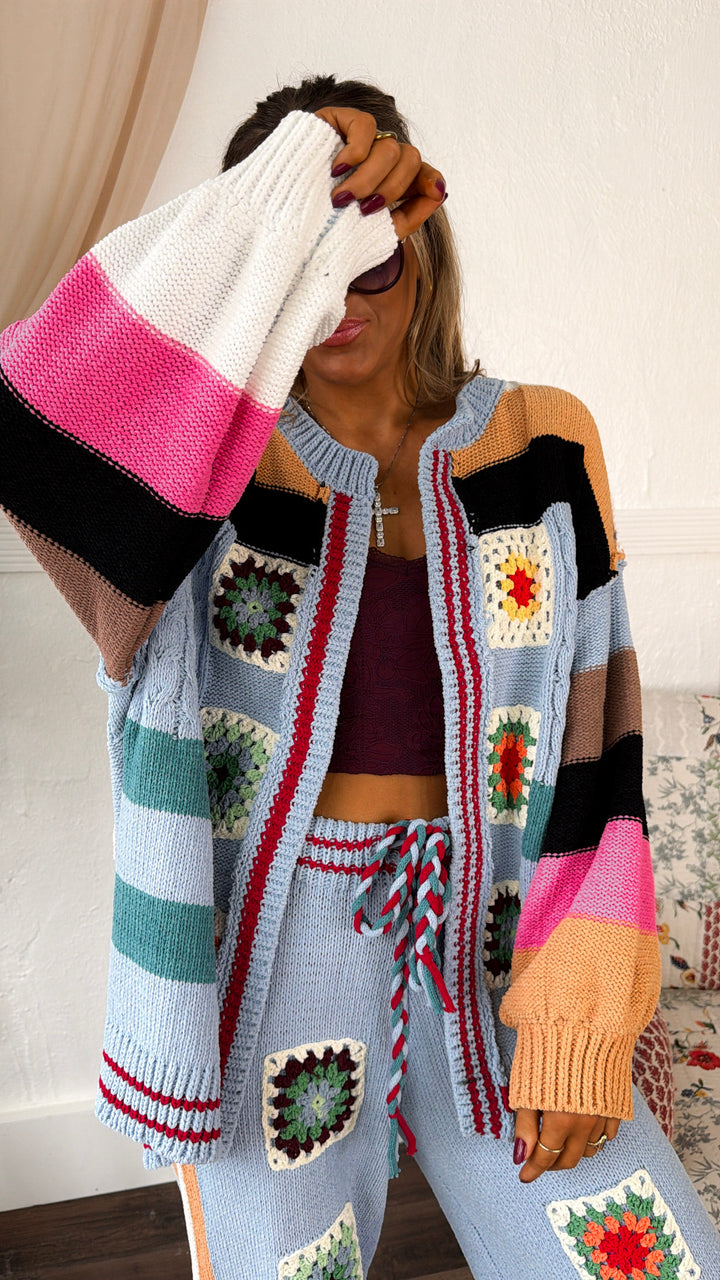Sophie Color Block Granny Squares Cardigan, Blue Multi