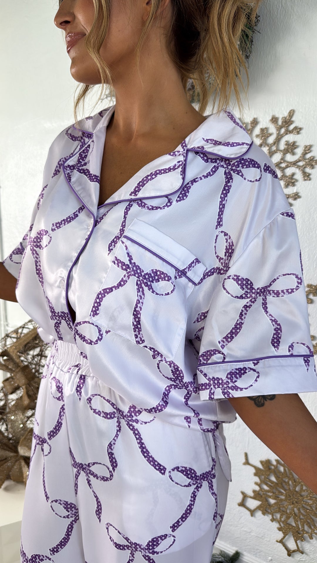 Bliss & Bows Satin Pajama Set, Purple