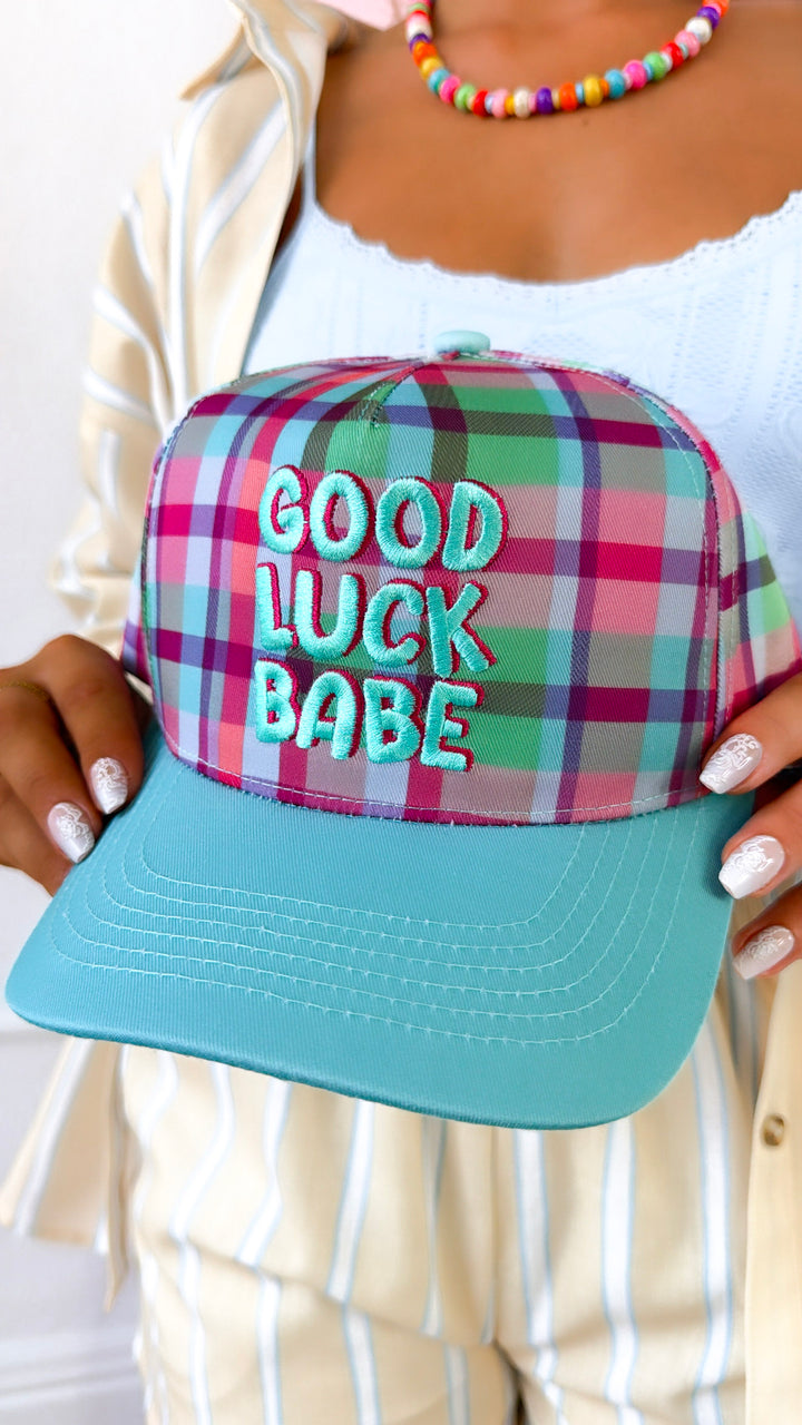 Good Luck Babe Canvas Plaid Trucker Hat
