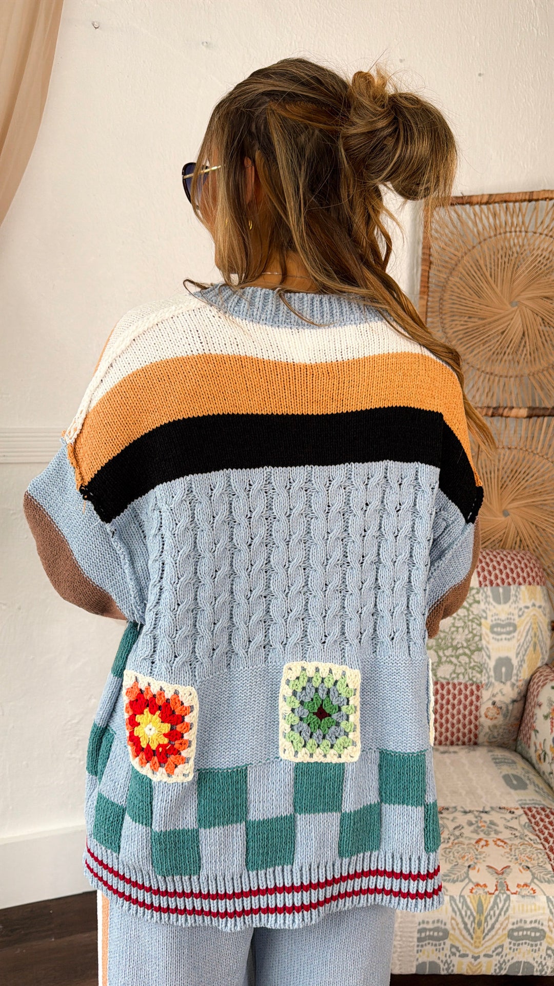 Sophie Color Block Granny Squares Cardigan, Blue Multi