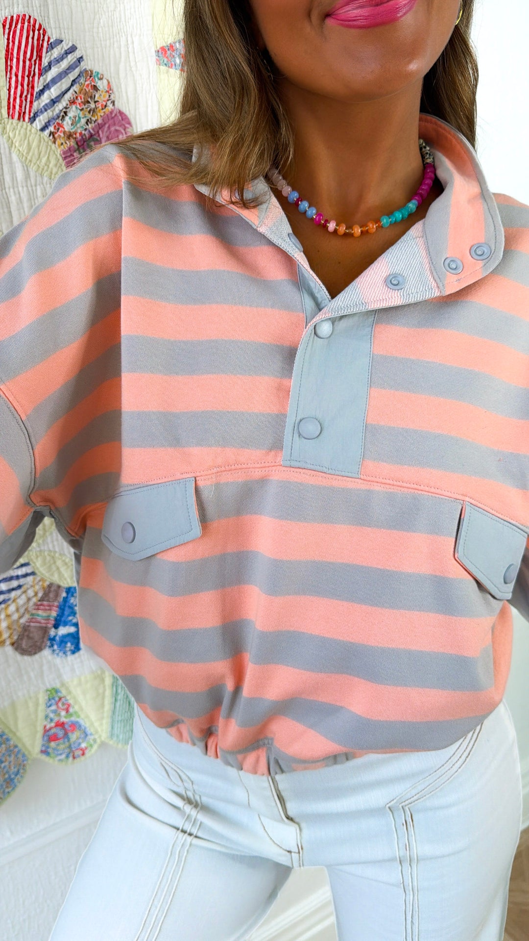 Petal Pop Striped Top, Grey/Salmon