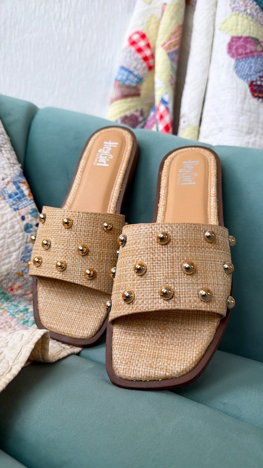Honey Glow Sandals, Raffia With Studs