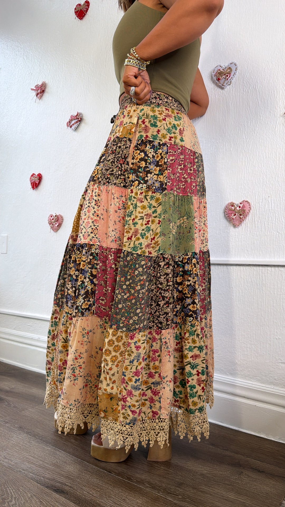 Cloverline Printed Tiered Midi Skirt, Latte