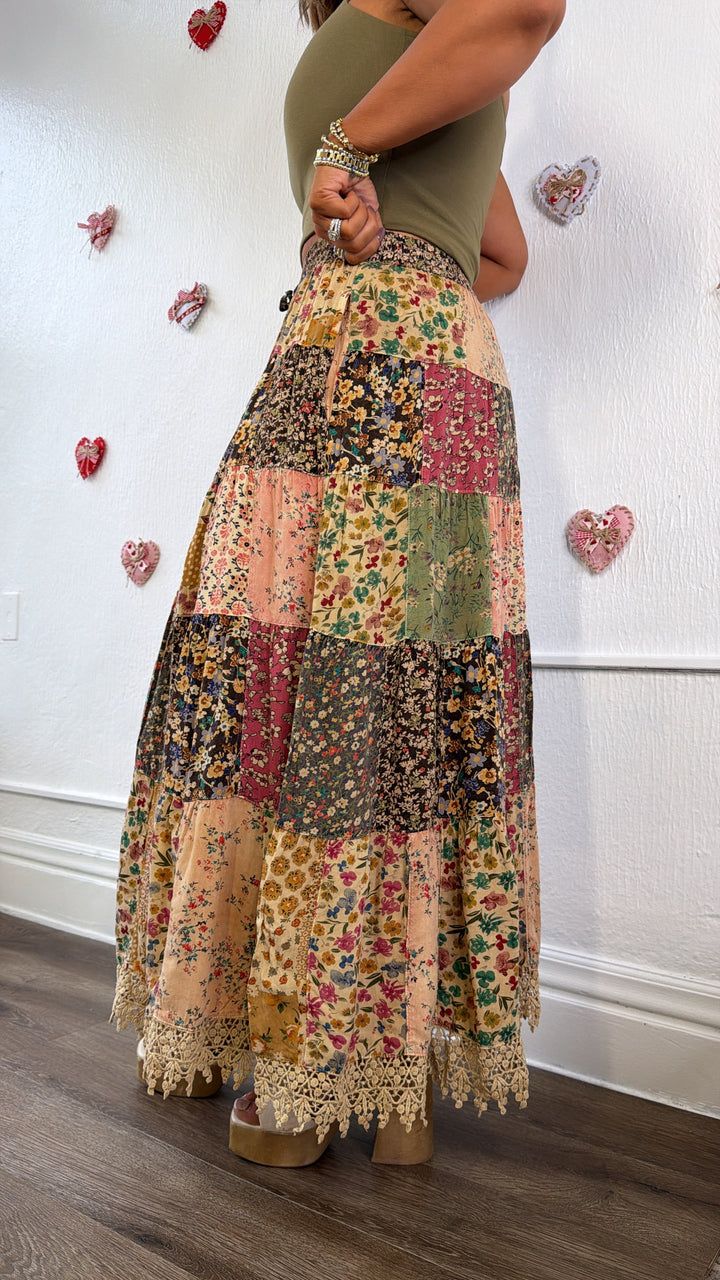 Cloverline Printed Tiered Midi Skirt, Latte