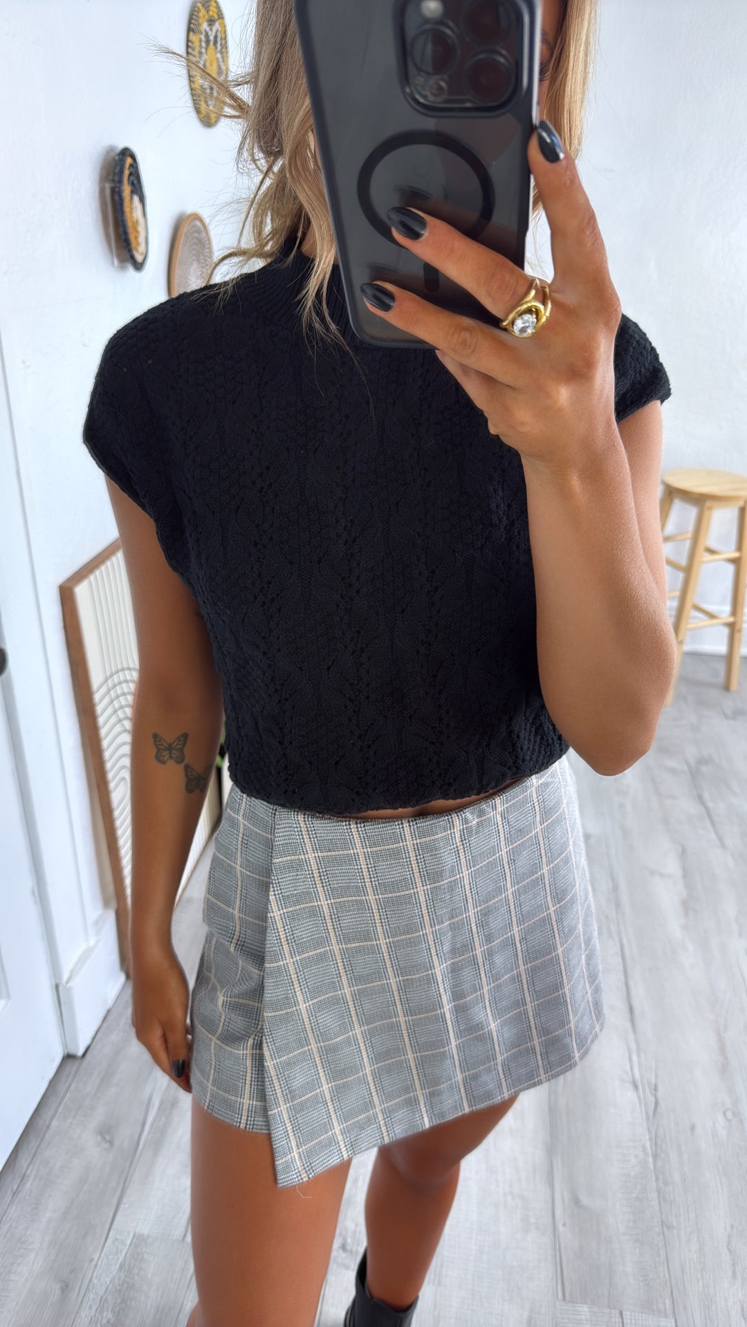 Urban Plaid Wrap Skort, Black/Camel