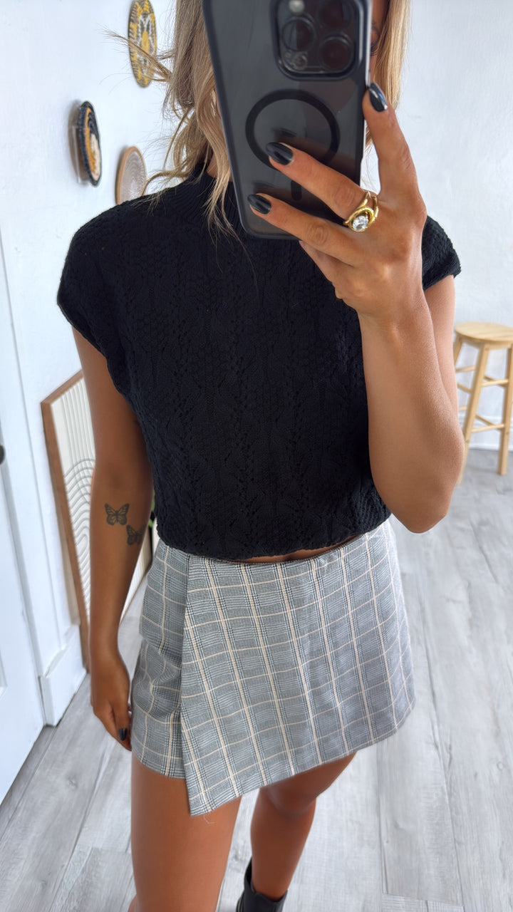 Urban Plaid Wrap Skort, Black/Camel