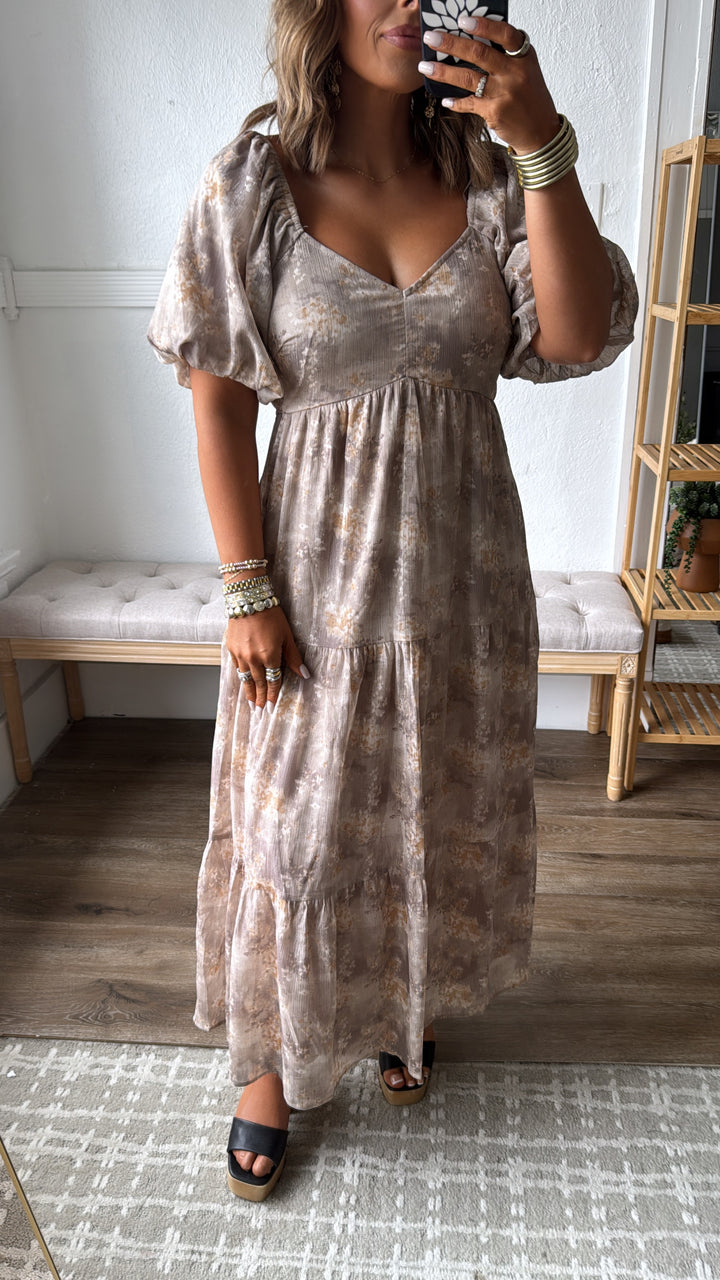 Granite Hues Whimsical Bubble Sleeve Maxi Dress, Taupe