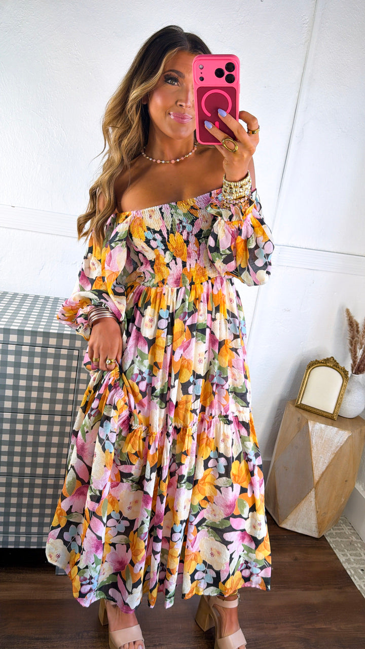 Havana Bloom Smocked Dress, Black Multi