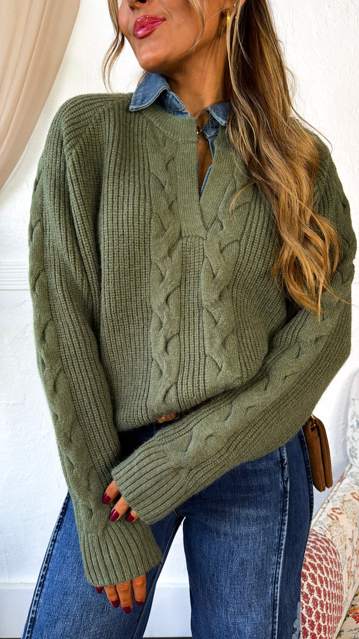 Denim Lined Sweater, Olive