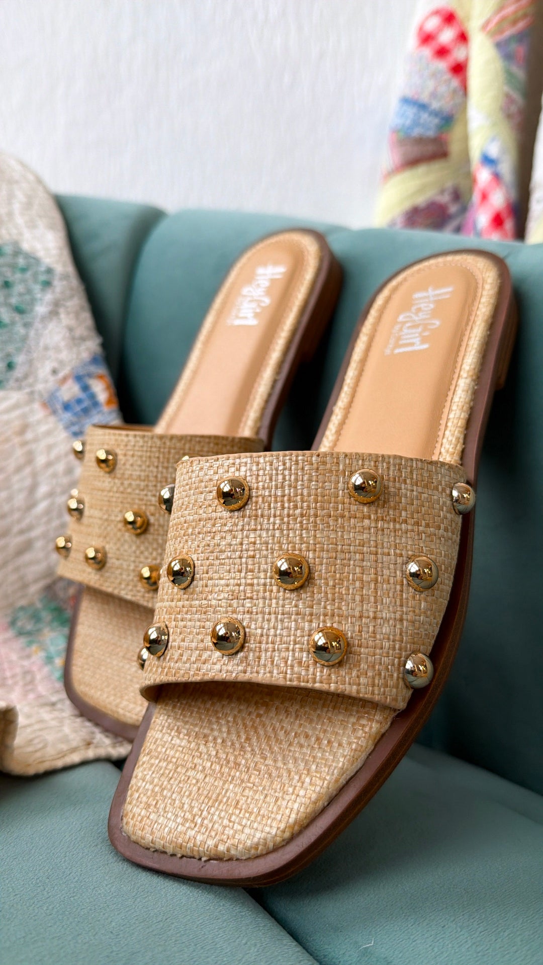 Honey Glow Sandals, Raffia With Studs