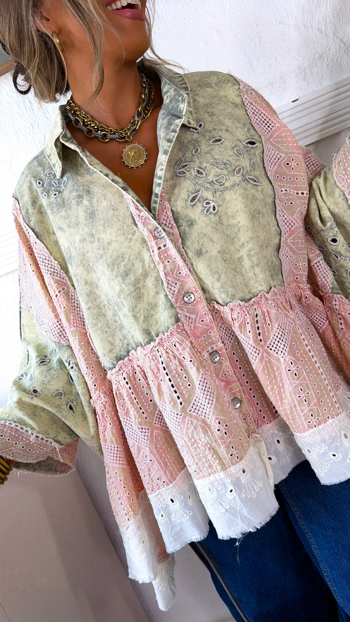 Dark Rise Eyelet Top, Strawberry Matcha