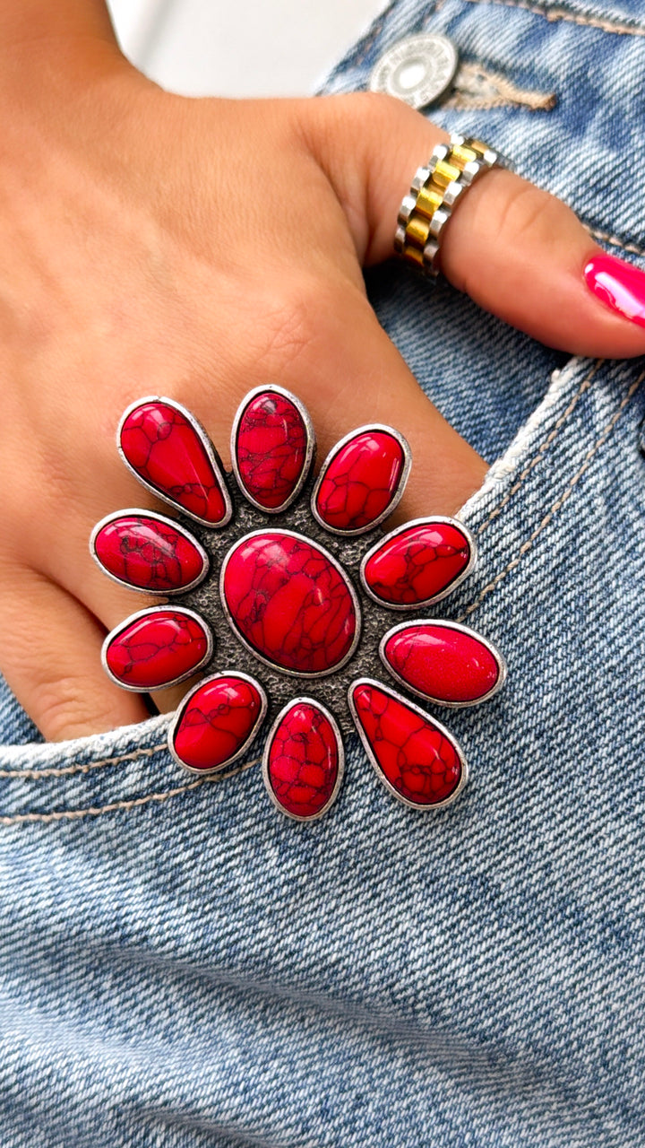 Metal Flower Ring, Red