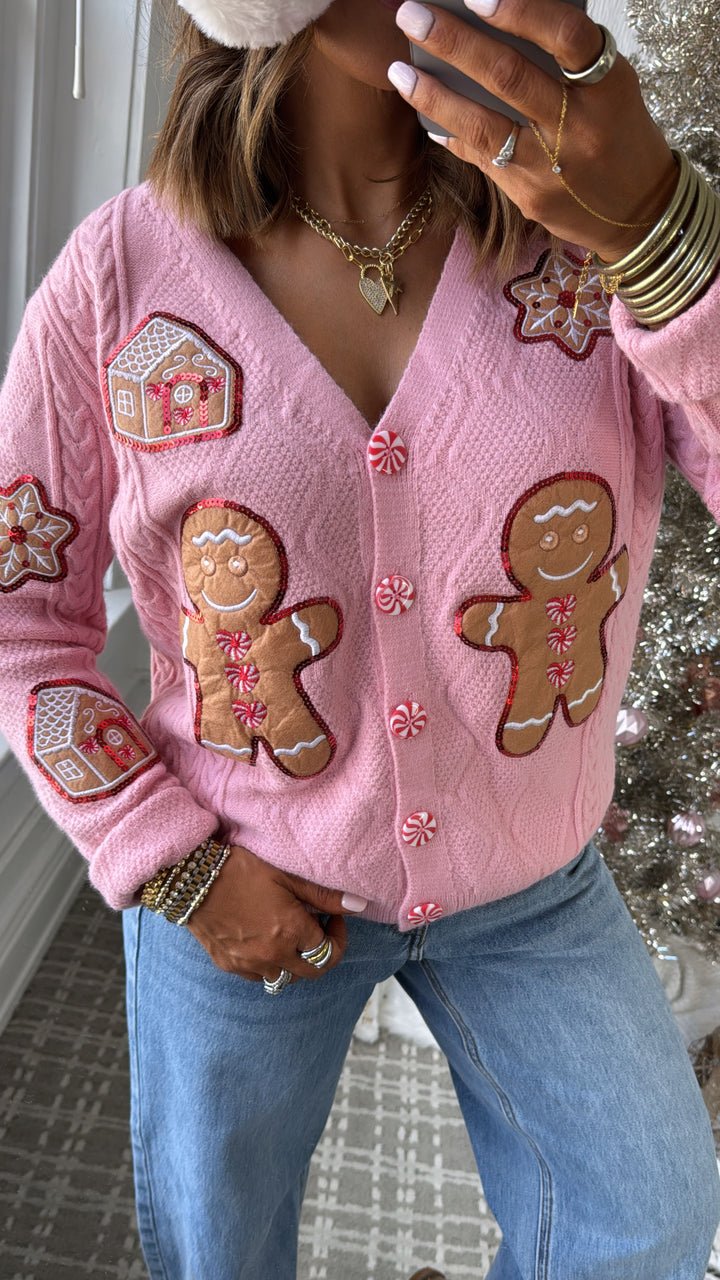 Holiday Gingerbread Man Cardi, Pink