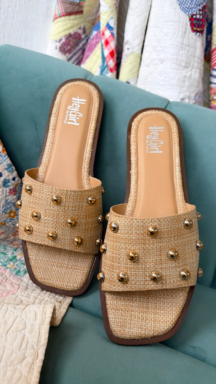 Honey Glow Sandals, Raffia With Studs
