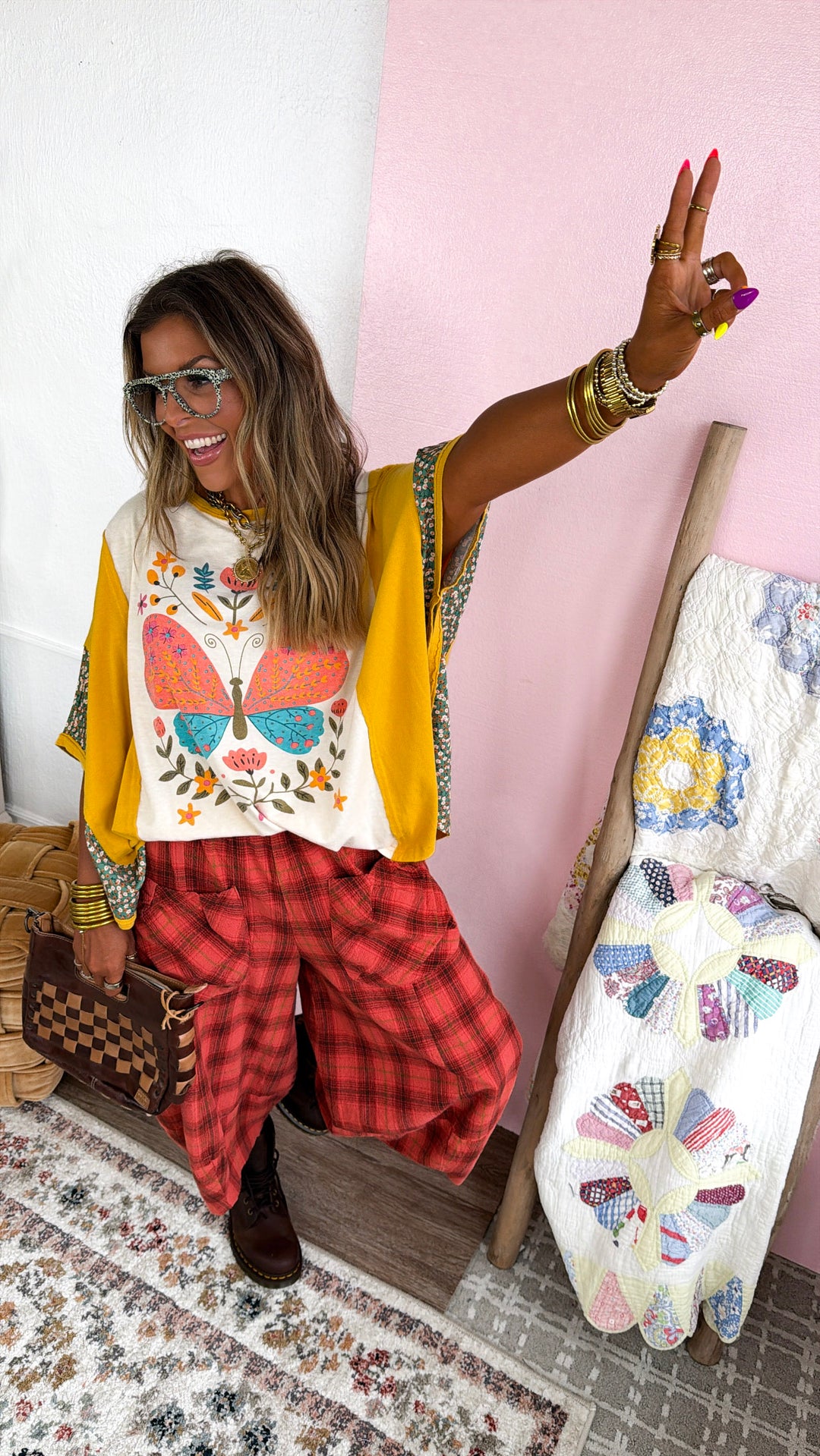 Butterfly Printed Top, Mustard Mix