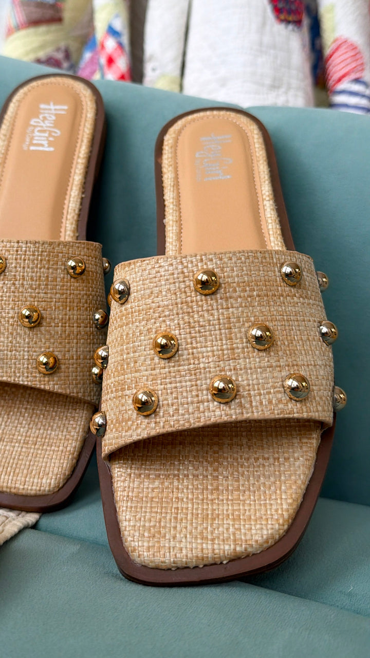 Honey Glow Sandals, Raffia With Studs