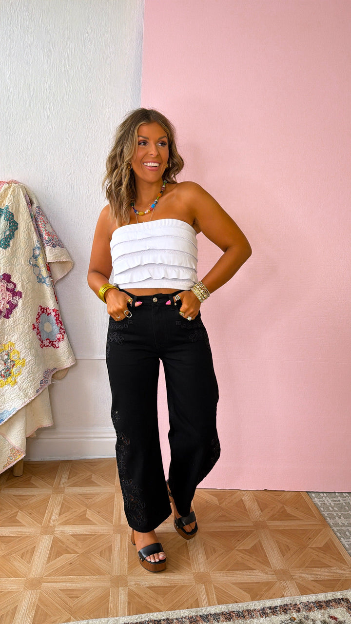Eyelet Floral Barrel Jeans, Black