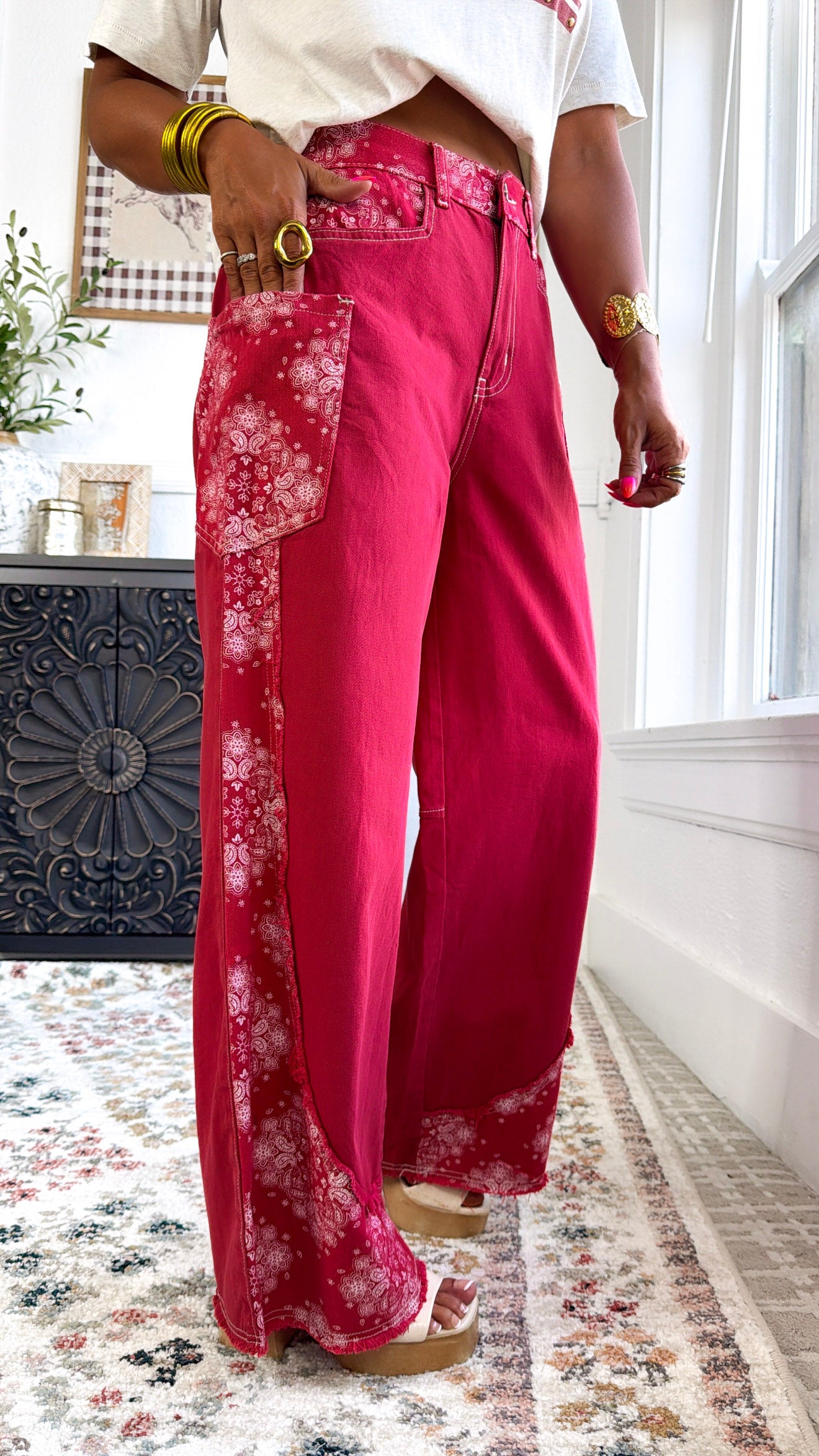 Relaxed Paisley Patch Pants, Red Multi – Everyday Chic Boutique