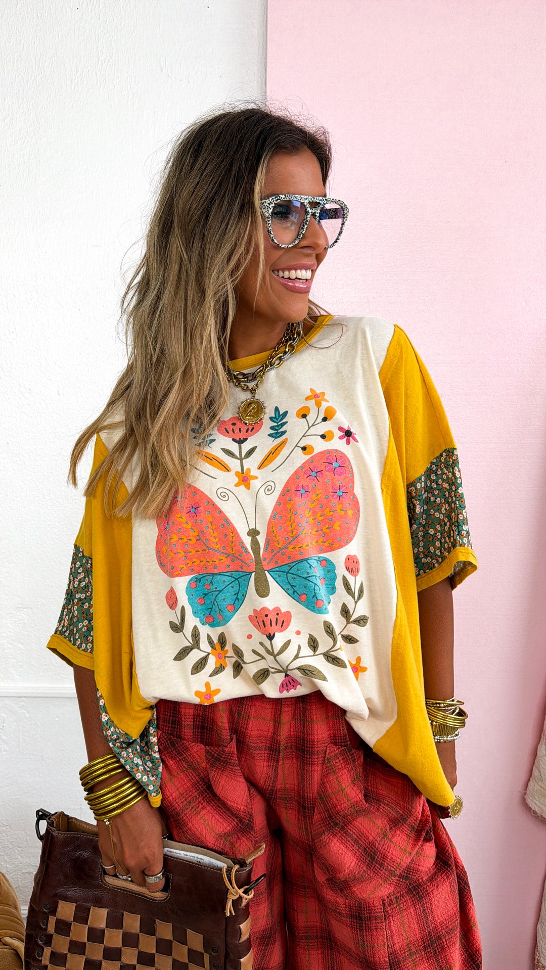 Butterfly Printed Top, Mustard Mix