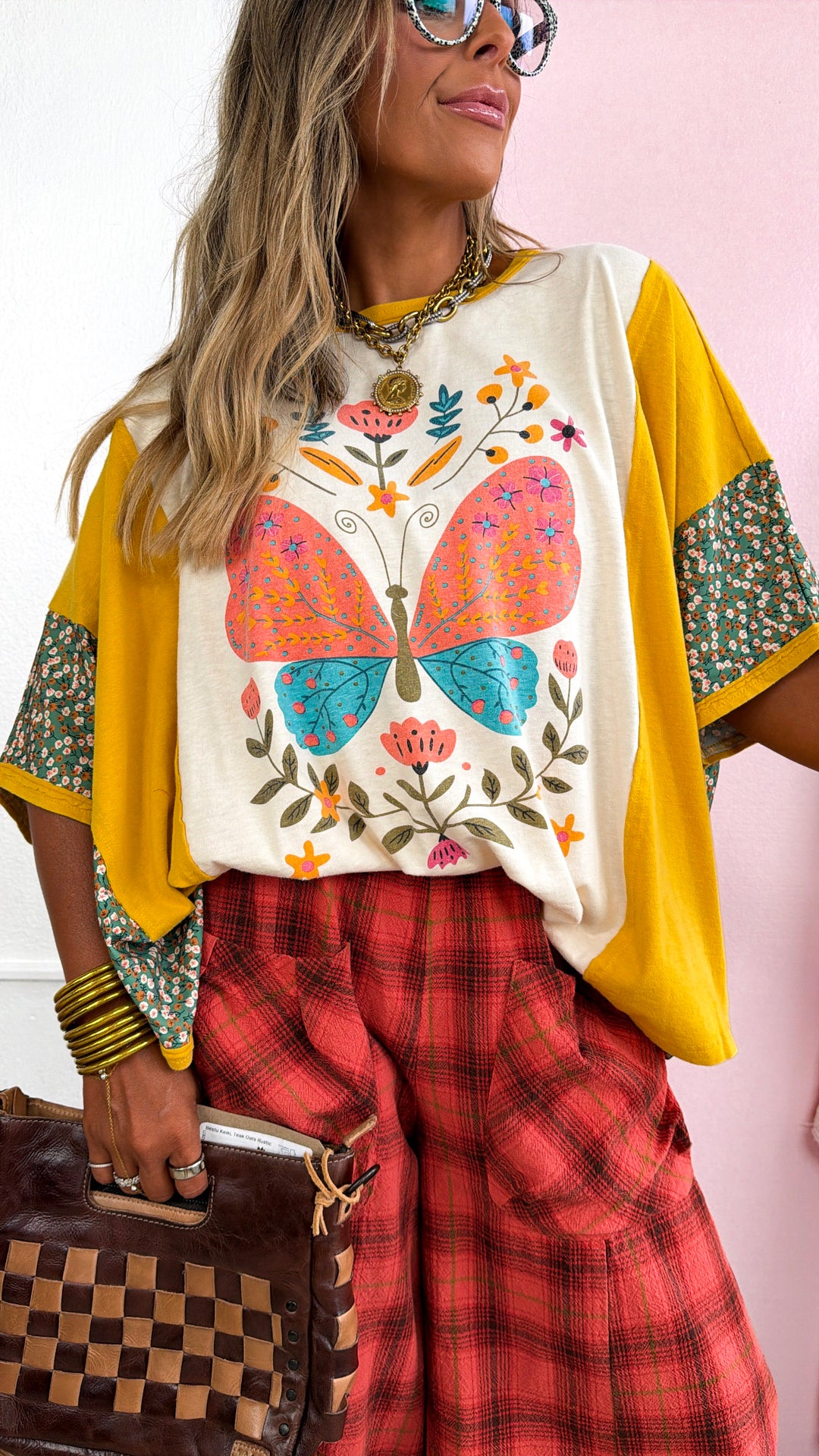 Butterfly Printed Top, Mustard Mix