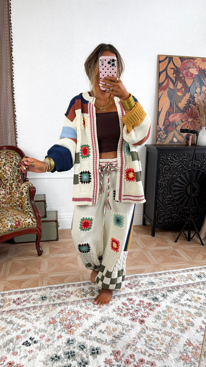 Sophie Color Block Granny Squares Cardigan, Cream Multi