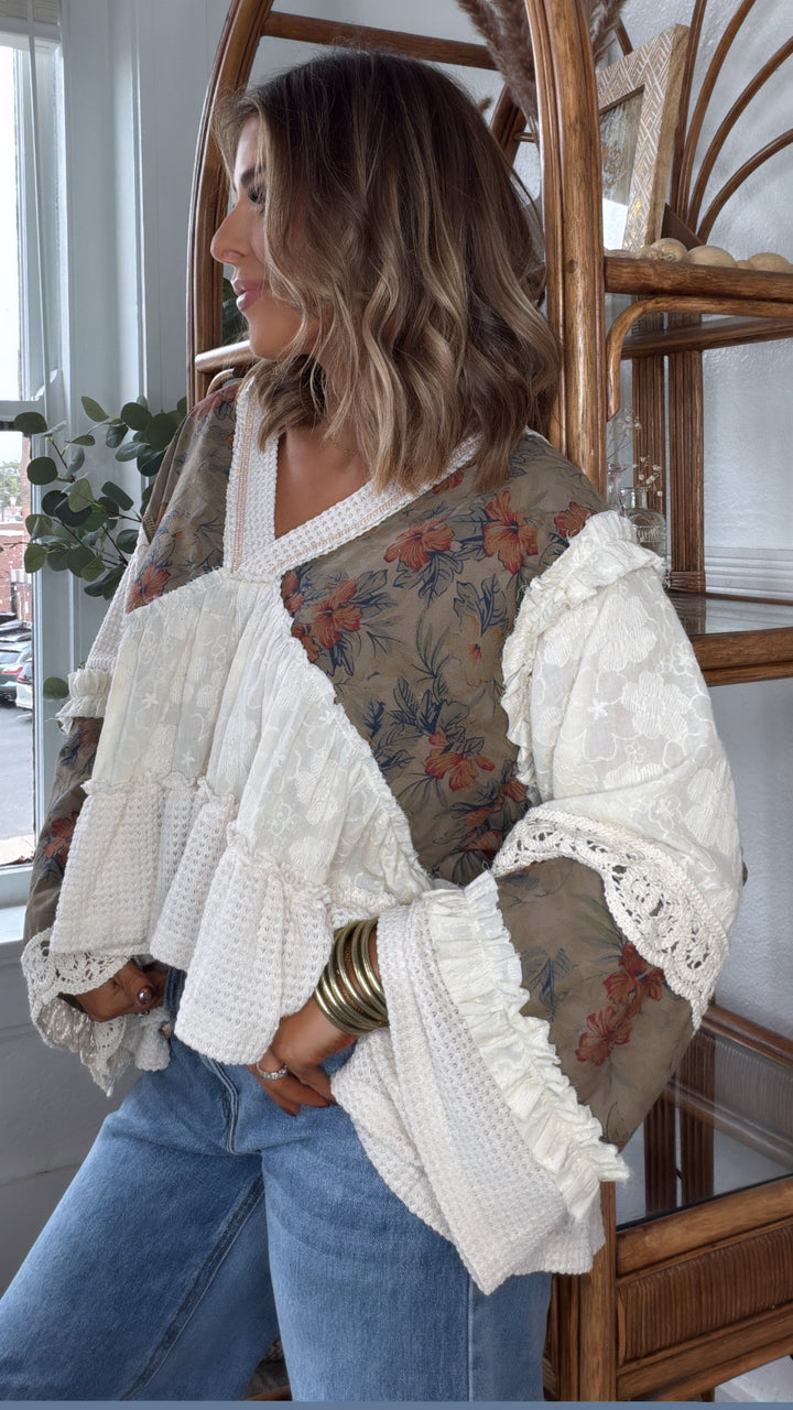 Hibiscus Blooms Patchwork Top, Cream Multi