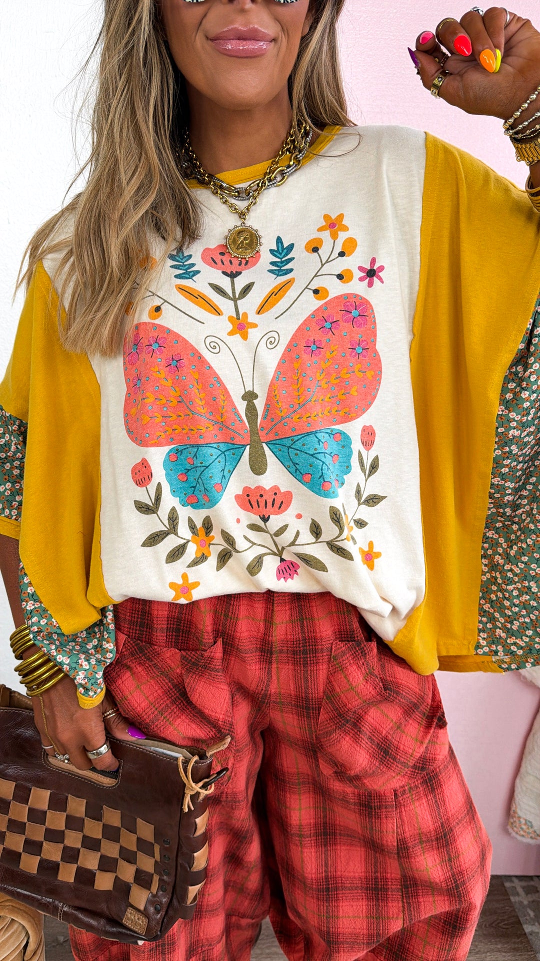 Butterfly Printed Top, Mustard Mix