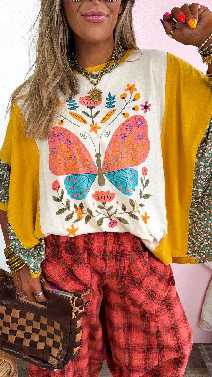 Butterfly Printed Top, Mustard Mix